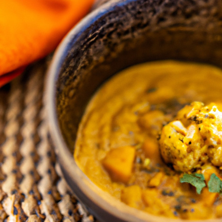 Creamy Vegan Curried Cauliflower Soup with Sweet Potato and Lentils