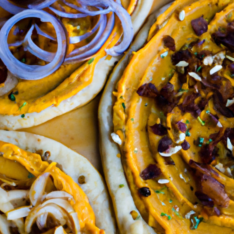 Ultimate Pumpkin Hummus Pizzas with Caramelized Onions & Fontina Cheese