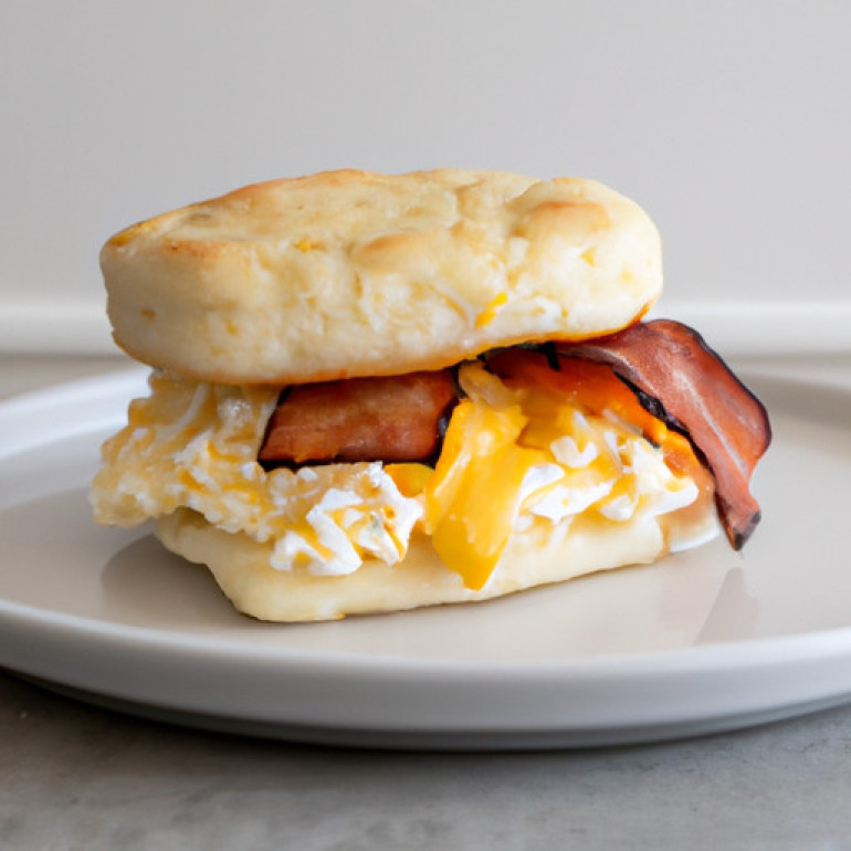 Savory Breakfast Sandwich with Bacon, Egg, and Cheese on Buttermilk Biscuit
