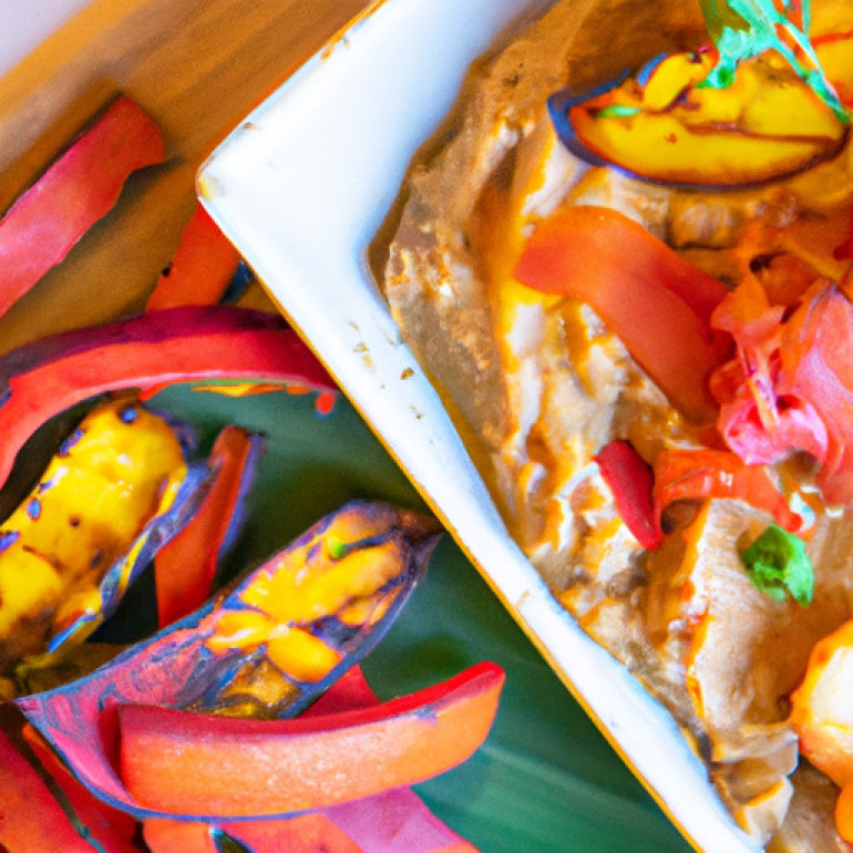 Savory Roasted Red Pepper and Cauliflower Dip with Crunchy Plantain Chips