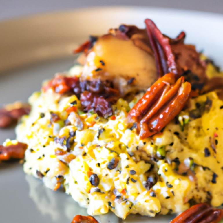 Delicious Herbed Cauliflower Rice with Pecans and Bacon-Wrapped Chicken