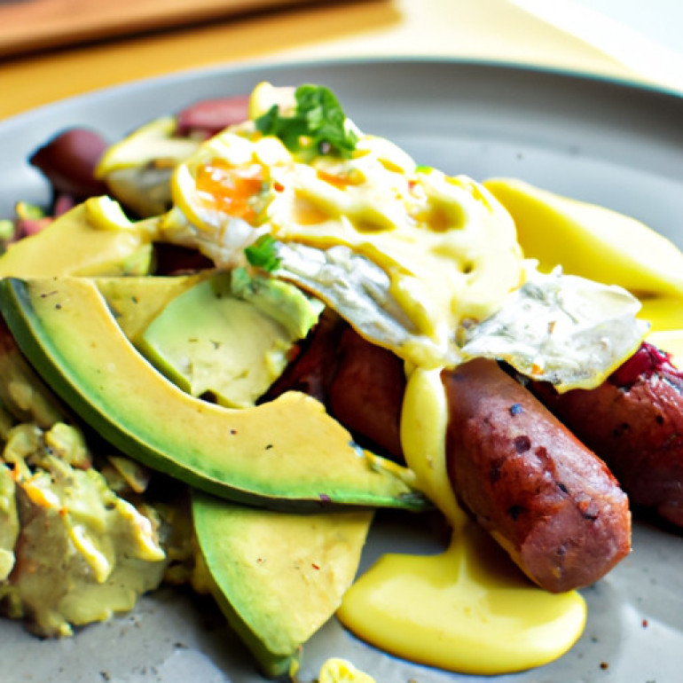 Savory Sausage Avocado Benedict: White Cheddar Hollandaise Twist