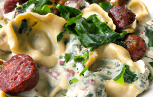 Savory Cheese Tortellini in Luscious Italian Sausage & Mushroom Spinach Sauce