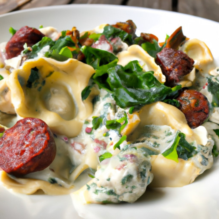 Savory Cheese Tortellini in Luscious Italian Sausage & Mushroom Spinach Sauce