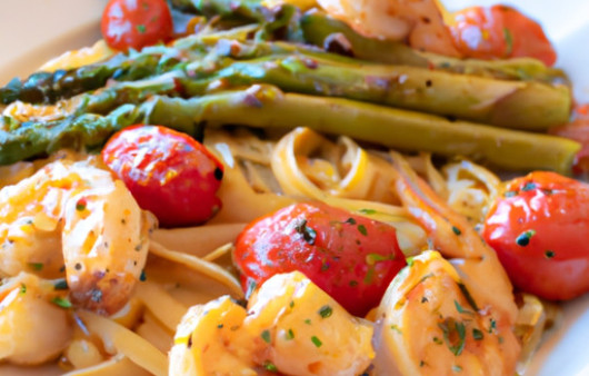 Savor the Ultimate Shrimp Scampi with Tomato Pasta and Roasted Asparagus