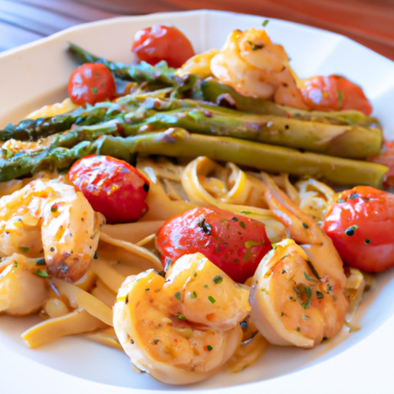 Savor the Ultimate Shrimp Scampi with Tomato Pasta and Roasted Asparagus