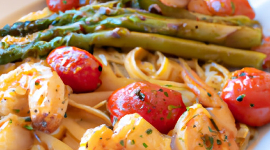 Savor the Ultimate Shrimp Scampi with Tomato Pasta and Roasted Asparagus
