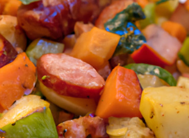 Delicious Roasted Winter Veggies with Chicken-Apple Sausage and Bacon - A Flavorful Delight!