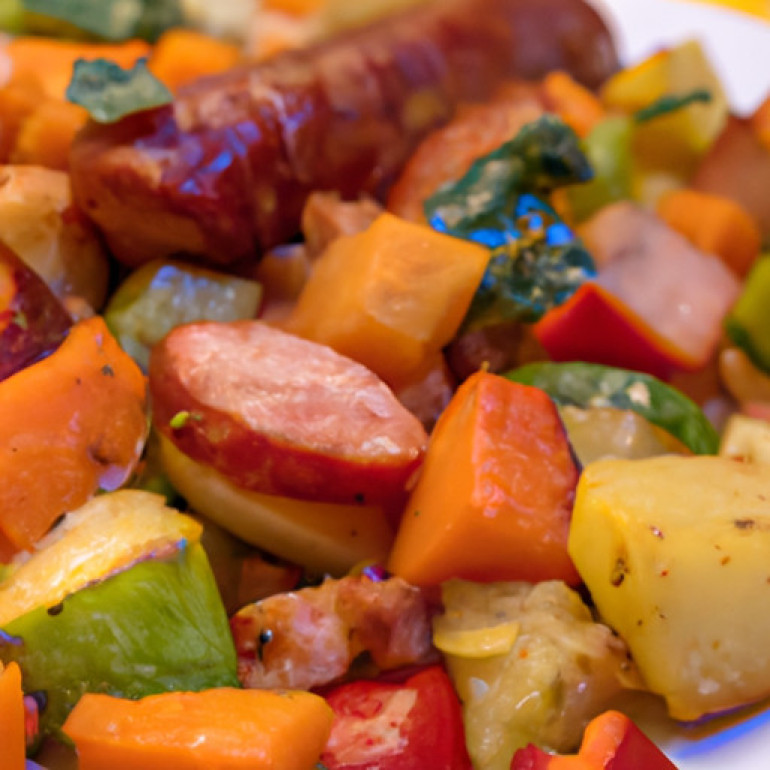Delicious Roasted Winter Veggies with Chicken-Apple Sausage and Bacon - A Flavorful Delight!