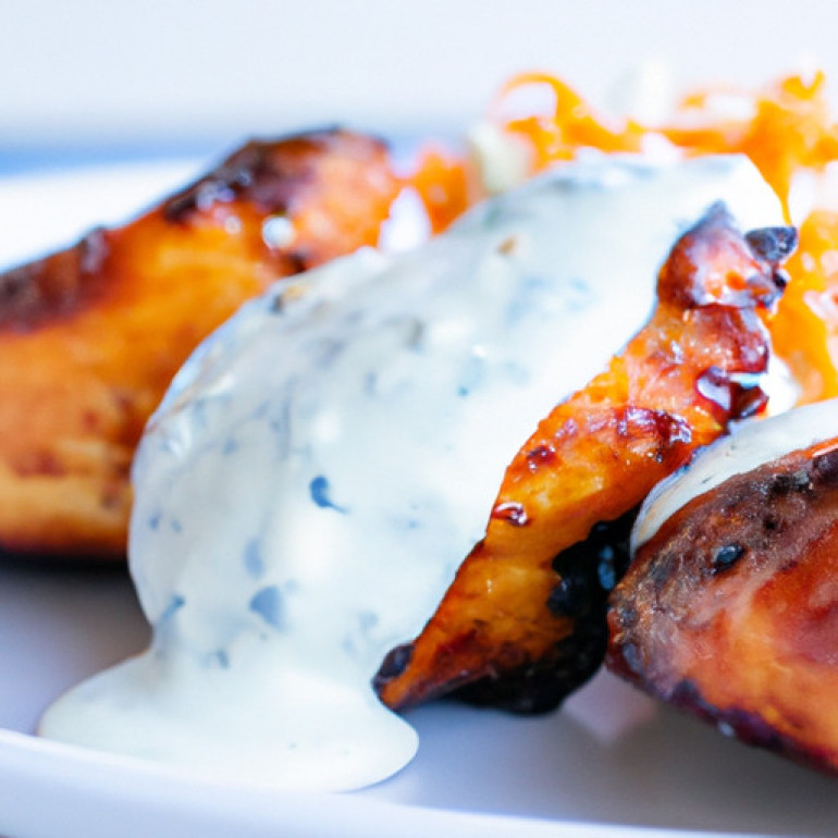Savory Grilled Buffalo Chicken Thighs with Tangy Blue Cheese Slaw