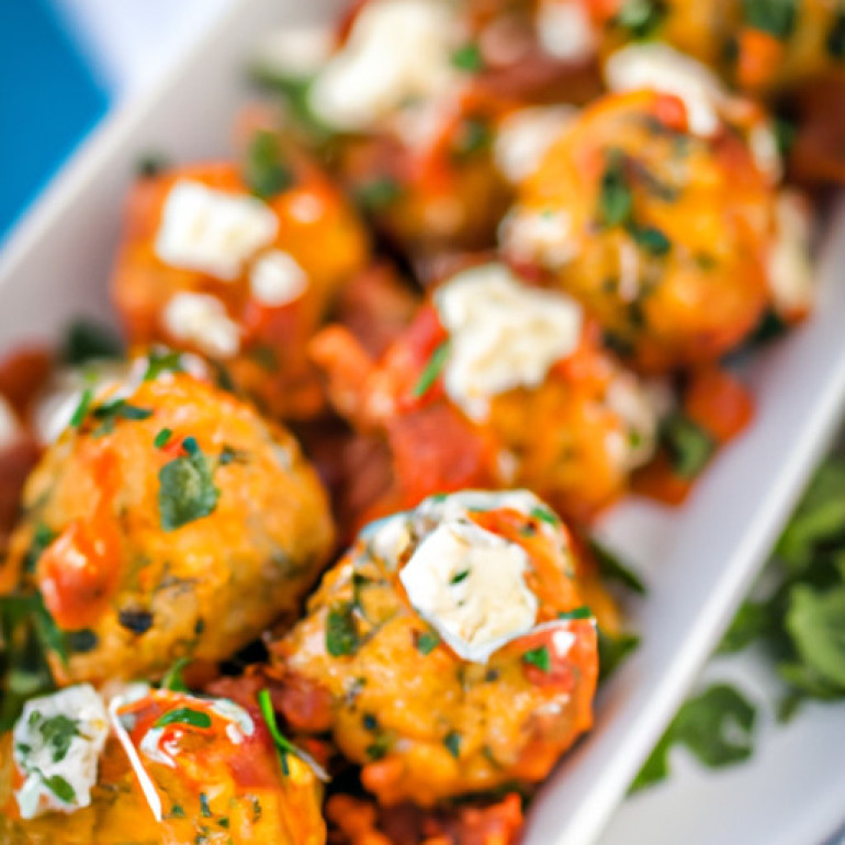 Ultimate Buffalo Chicken Meatballs with Feta Stuffing