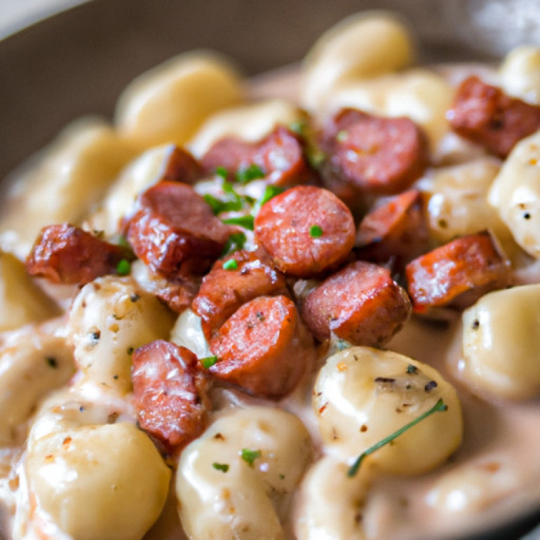 Savory Sausage and Gnocchi Delight in Creamy Skillet