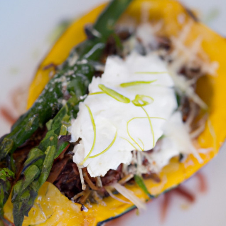 Delicious Roasted Spaghetti Squash with Asparagus and Creamy Goat Cheese