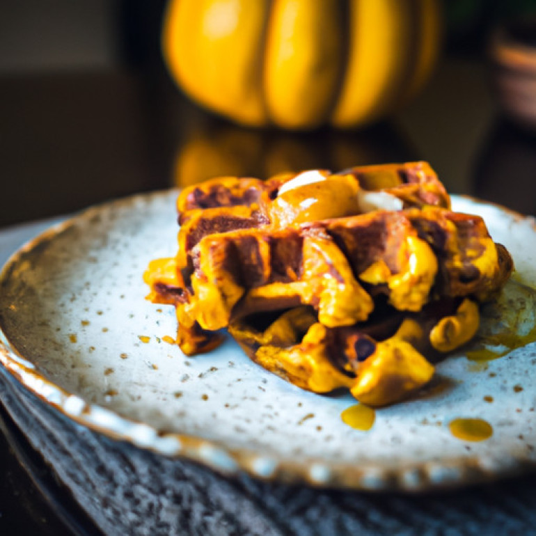 Spiced Pumpkin Waffles drizzled with Maple Syrup